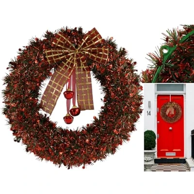 Image of Christmas Red Tinsel Wreath with Bells 40cm Thick Door Hanging Decoration for Indoor Outdoor Stairs, Fireplaces Wreaths Front Large