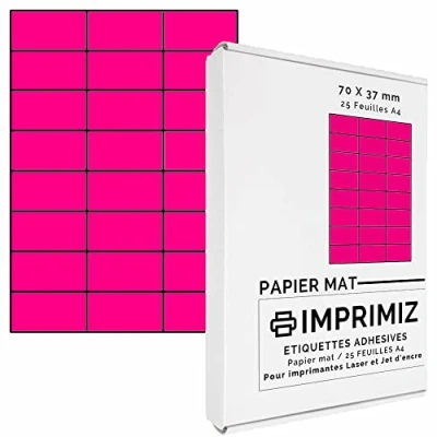 Image of 600 Fluorescent Pink Self Adhesive Labels 70 x 37 mm, 24 per Sheet, 25 Coloured A4 Sheets, for Inkjet and Laser Printing