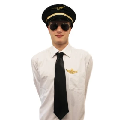 Image of ILOVEFANCYDRESS Pilot Set Fancy Dress Costume Black Hat + Badge Tie Glasses Airline Captain