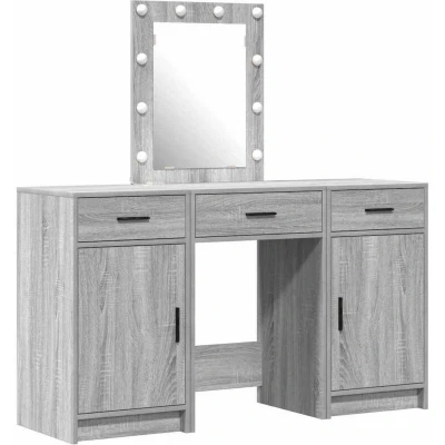 Image of vidaXL Grey Sonoma Wood Vanity Set Contemporary Bedroom Makeup Table with Dressing Mirror &amp; LED Lights Integrated Storage Unit