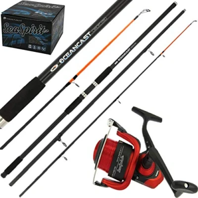 Image of 14FT OCEANCAST 3pc SEA BEACH FISHING ROD + SPIRIT 70 RED PIER REEL