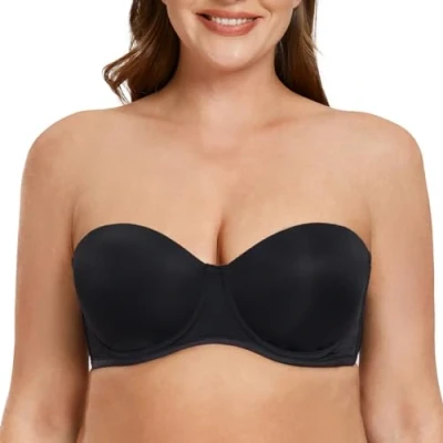 Image of MELENECA Women&#039;s Underwire Strapless Bras for Bigger Bust Back Smoothing Plus Size Black 34F