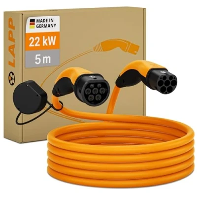 Image of LAPP MOBILITY Charging Cable for Electric Vehicles Type 2 22kW, 32A, Three Phase, Car Cable, IP55 Protected, PHEV &amp; BEV, Station, Made in Germany 5m Orange