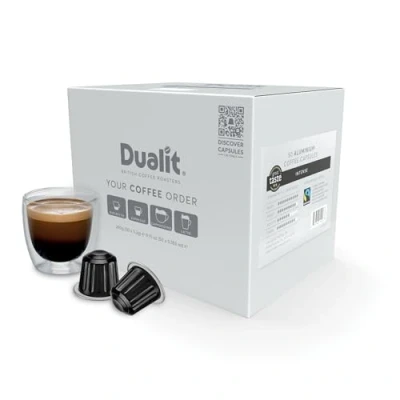 Image of Nespresso® Compatible* Intense Recyclable Aluminium Coffee Capsules by Dualit 50 Pack 5 X 10 Pk Servings of Premium Eco Friendly Pods 100% Fairtrade