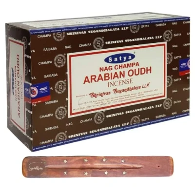 Image of Satya Nag Champa Arabian Oodh incense sticks x12 pack with SAMASIA holder Used for Aromatherapy, Spa, Yoga, Weddings, Meditation, Healing, Positivity and Relaxation