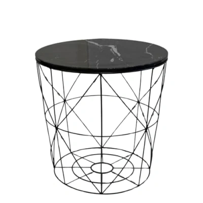 Image of Trendi Round Side Table with Removable Marble Effect Tray Wire Metal Storage Basket Modern Bedside for Bedroom, Living Room, Balcony, or Hallway Corner, Tea, Sofa, and End (Black)