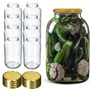 Image of KADAX Glass Jars 4 L, Large with Wide Mouth for Preserving, Pickling and Fermenting, Storage Pickles Sauerkraut (Set of 8, Gold Lids)
