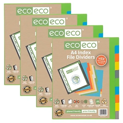 Image of eco A4 50% Recycled Multipunched Reinforced Colour Set 10 Extra Wide Subject Index File Dividers 200mic (Pack of 4), eco074x4