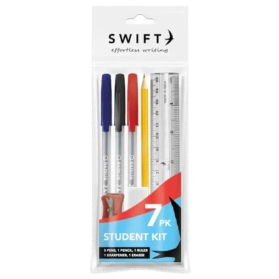 Image of Quickdraw 7 Piece Student Set Stationery Back To School Pens Pencil Ruler Eraser Sharpener