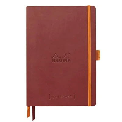Image of RHODIA 117801C Soft Notebook Bullet Journal Goalbook Nacarat A5 Dotted Dot 240 pages 90g Ivory Clairefontaine Paper 2 Ribbons, Elastic Closure Faux Leather Cover