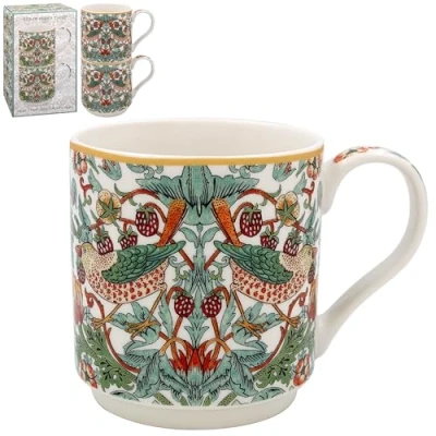 Image of Lesser &amp; Pavey William Morris White Strawberry Thief Stacking Mugs Set of 2 Stackable Ceramic Lovely Floral Design
