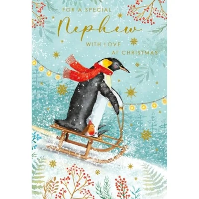 Image of Nephew Christmas Card Special Artistic Penguin and Sleigh Design Finish Illustrated Insert Leaf Made in the UK Eco Friendly