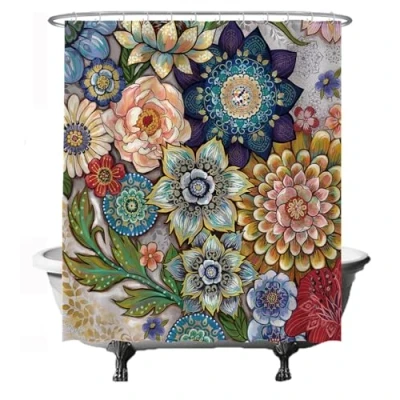 Image of Ulticool Shower Curtain Colourful Flowers Nature Art 180 x 200 cm Washable Anti Mould Waterproof with 12 Rings Red Green Blue Brown Yellow