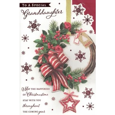 Image of SPECIAL GRANDDAUGHTER CHRISTMAS CARD***ATTACHED RED RIBBON &amp; BOW****9 X 6 INCHES**