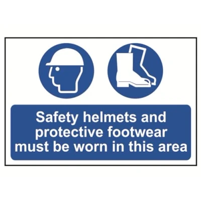 Image of Scan SCA4001 Self adhesive PVC sign Safety helmets and protective footwear must be worn in this area 400 x 600mm