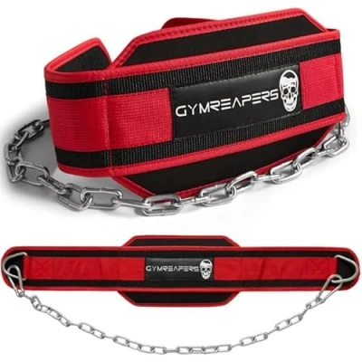 Image of Gymreapers Dip Belt with Chain for Weightlifting, Pull Ups, Dips Heavy Duty Steel Added Weight Training (Red)