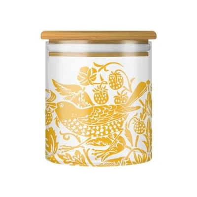 Image of Half Moon Bay Strawberry Thief by William Morris Quince Yellow/White 5 x 4 Inch Glass Storage Jar Canister with Lid