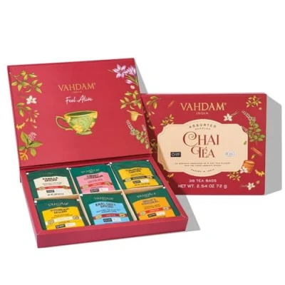 Image of VAHDAM, Assorted Chai Tea Variety Pack (6 Flavors, 36 Bags) Caffeinated, Gluten Free, Non GMO Indian Masala Blends Long Leaf Pyramid Bags Gifts for Women/Men