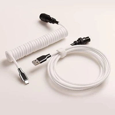 Image of Coiled Cable With Detachable Aviator Connector USB C Double Sleeved For Custom Gaming Mechanical Keyboard (Color : Black Plug White)