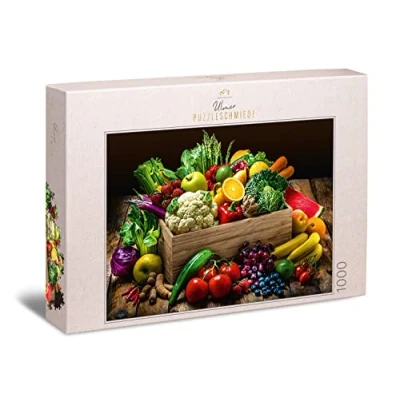 Image of Ulmer Puzzleschmiede Puzzle &quot;Rich Harvest&quot; Classic 1000 Piece from the Kitchen Motif Colourful Fruit Box with Local and Exotic Fruits Vegetables