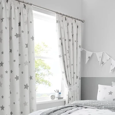 Image of Happy Linen Company Girls Boys Kids Multi Stars Grey 66&quot; x 72&quot; Ring Track Pole Fully Lined Pencil Pleat Curtain Set