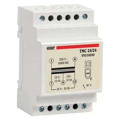 Image of VEMER VN318200 TMC 24/24 Din Bar Transformer for Continuous Service 230V/12 24V, Bright Grey (RAL 7035)