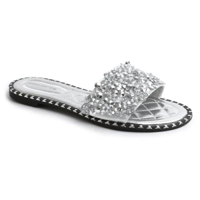 Image of Fashion Thirsty Womens Ladies Flat Low Heel Diamante Sandals Slip On Party Wedding Bling Sliders Slides Beach Pool Holiday Travel