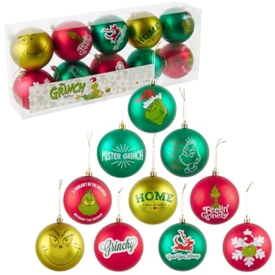Image of The Grinch Tree Baubles Christmas Decorations Pack of 10 Festive Hanging Ornament Xmas Gifts
