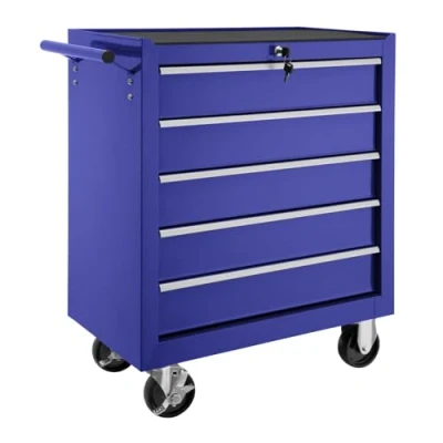 Image of TecTake® Robust Tool Cabinet on Wheels, 5 Lockable Drawers, Anti Slip Mats, and Parking Brakes. Made from Powder Coated Steel, a Versatile Storage Box for Tools Equipment blue