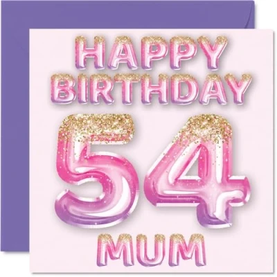Image of 54th Birthday Card for Mum Pink &amp; Purple Glitter Balloons Happy Cards 54 Year Old Mother from Son Daughter, 145mm x Bday Greeting Gift