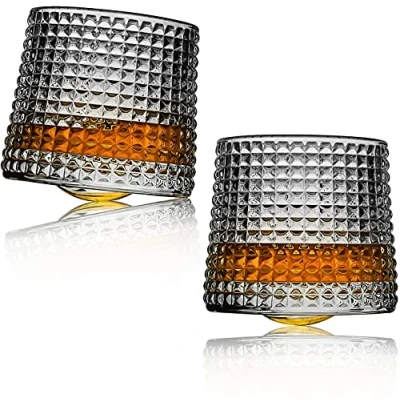 Image of Minkabo Whiskey Glasses Rotatable Decompression Old Fashioned Set of 2 Bar Style Glassware for Bourbon Scotch Rum (Checkered) (9 oz) (Minkabo 37)