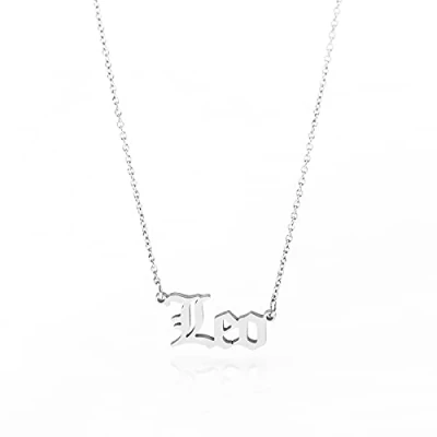 Image of Minegreet Old English Zodiac Necklace for Women, Horoscope Birth Star Sign Letter Astrology Constellation Birthday Gift (Leo Silver)