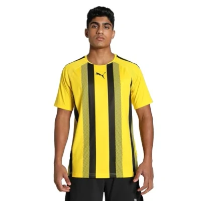 Image of puma Mens Teamliga Striped Jersey Shirt, Cyber Yellow Black, S EU