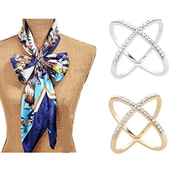 Image of 2PCS Women Rhinestone Silk Scarf Clips Rings Fashion Scarves Buckle Clamp Clasp Ring Wrap Holder for Clothing Neckerchief Shawl (Golden + Silver)