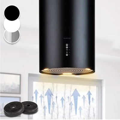 Image of Klarstein Hanging Island Cooker Hood, Extractor Fan for Kitchen Islands, 600m3/h Airflow, Timer, Adjustable w/Pipe Design, 3 Mode Hoods, Activated Carbon Filters