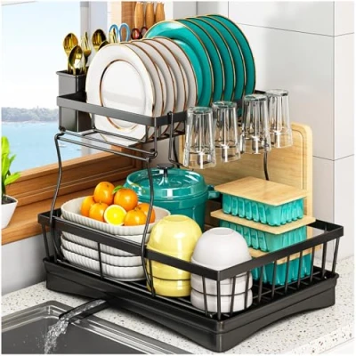 Image of StowBin 2 Tier Dish Drainer Rack with Utensil Holder for Kitchen Counter, Large Capacity Space Saving Drying Draining Board, Black