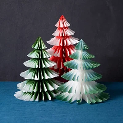 Image of Talking Tables Premium Reusable Christmas Decorations 3 Pack Paper Honeycombs,Mini Xmas Trees for Tabletop,Windowsill Display Winter Wonderland,Forest Party Theme,Frosted Red &amp; Green, Large