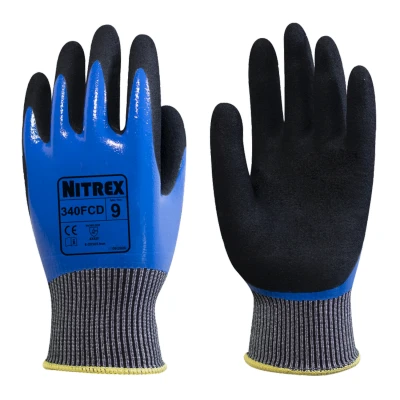 Image of NITREX 340FCD Work and Safety Gloves, Bag of 10 Pairs F Rated Cut Resistant Gloves with Sandy Nitrile Palm Coating in Black/Blue, Size 7