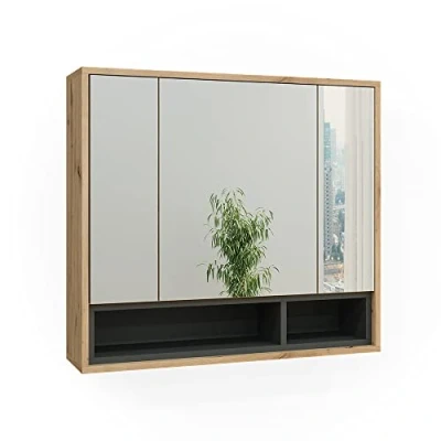 Image of Vicco Bathroom mirror cabinet Beatrice, Oak/Anthracite, 80 x 72 cm
