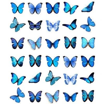Image of 30 Blue Butterflies Cupcake Toppers Edible Wafer Paper Fairy Cake Birthday Cakes