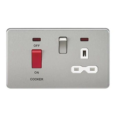 Image of KnightsBridge 2G 45A DP 230V Screwless Brushed Chrome Switch With Neon &amp; Socket White Insert