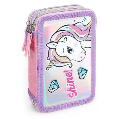 Image of TDL Unicorn Shine Pencil Case 45 pcs Pre Filled 3 Layers Kids Girls School Pouch with Multi Compartments