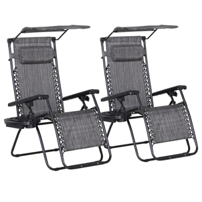Image of Outsunny 2 Piece Foldable Reclining Garden Chairs with Headrest, Zero Gravity Deck Sun Loungers Seat Chair Footrest, Armrest, Cup Holder &amp; Canopy Shade, Grey