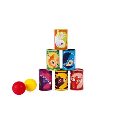 Image of Janod Forest Tumbling Cans Outdoor Game 6 Metal Boxes and 2 Foam Balls Fine Motor Skills from 3 Years Old, J03206