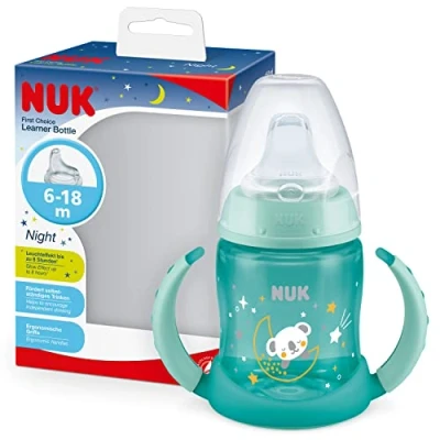 Image of NUK First Choice Sippy Cup Night 6 18 Months 150 ml Glow in the Dark Handles &amp; Orthodontic Silicone Spout Leak Proof Anti Colic BPA Free Green