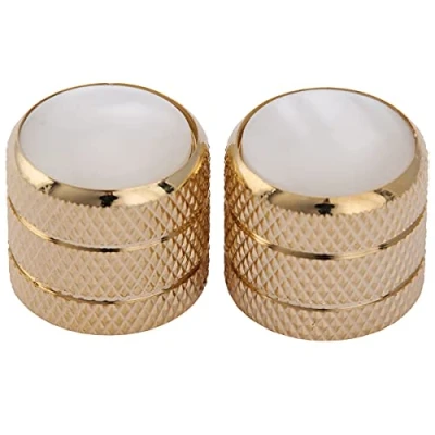 Image of Musiclily Pro Metric Size Steel White Pearl Top Tele Dome Knobs for Import Fender Telecaster Electric Guitar/Precision Bass, Gold (Set of 2)