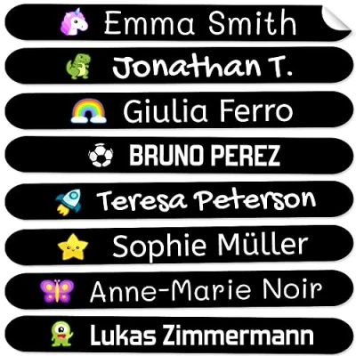 Image of 50 Personalized Mini Adhesive Labels, Waterproof Name Labels for Kids, Ideal Marking Pens, Pencils, Small Objects, Customizable with Icon and Font, Microwave Dishwasher Safe, Black, Vinyl