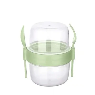 Image of Titiz Cup with Spoon Fork Fruit Overnight Oats MUESLI Cereal Food Container Compact and Comfortable Perfect for Holding Snacks Drinks Lunch is Transparent Made of plastic 800ml (Green)