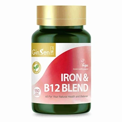 Image of GinSen Iron &amp; B12 Blend, Natural Hair Growth Support for Men and Women, Maintenance, Added Herbal Extract Vitamins, 150 Capsules, Vegan Approved, Made in UK