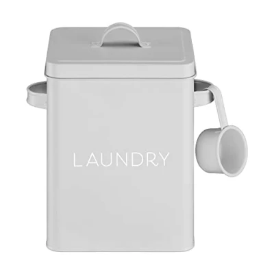 Image of Navaris Washing Powder Storage Tin Laundry Container with Scoop Metal Detergent Box Lid and Handles for Soap, Tablets Grey